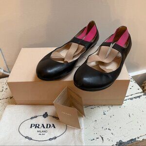 Prada Ballerina Leather Flats with Pink and Nude Elastic Straps
